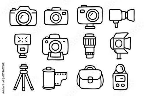 Photography and camera equipment icons set in simple outline doodle style