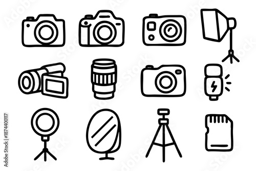 Photography and camera equipment icons set in simple outline doodle style
