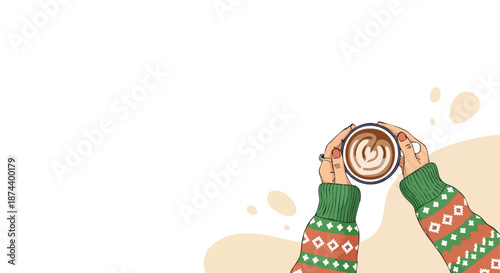 Cozy coffee ritual warm beverage in hands wearing festive sweater minimal backdrop for relaxed moments and seasonal comfort