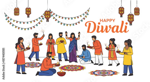 Illustration of people celebrating Diwali festival with traditional Indian attire and decorations on a white background.