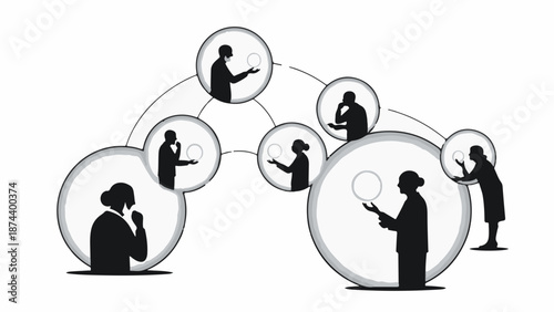 Silhouetted figures in bubbles contemplating light, symbolizing ideas and connection.