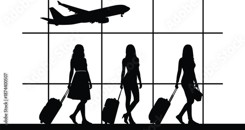 Black Silhouette of Female Travelers with Luggage at Airport Terminal Window with Airplane Flying Overhead for International Travel Tourism and Global Business Transportation Concept Background