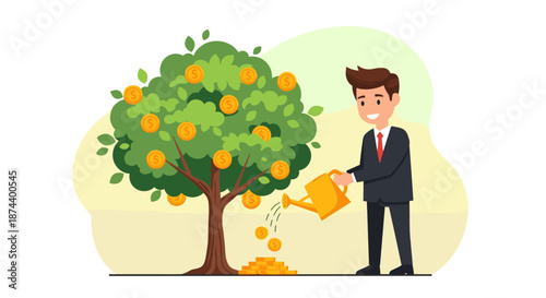 Happy man waters money tree, cultivating financial prosperity and investment success