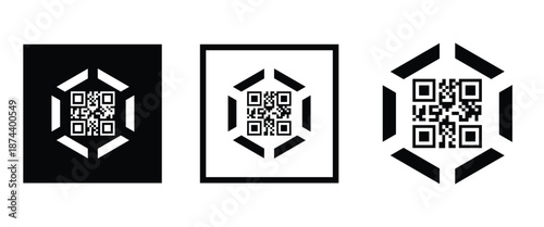 Three bold black square frames, each containing a classic black and white QR code pattern. Clean, minimalist vector design arranged horizontally on transparent background. Ideal for tech branding.