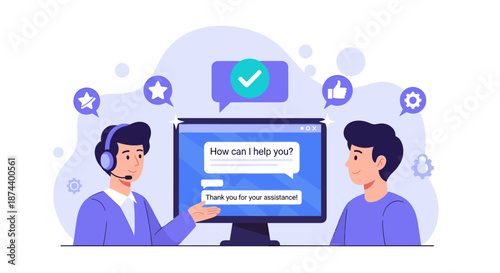 Helpdesk operator provides virtual assistance via chat application showing user satisfaction icons.