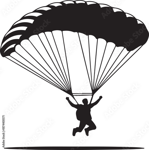 Silhouette of a skydiver descending with an open parachute against a white background