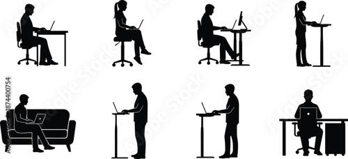 Office work posture silhouette set featuring men and women sitting, standing desk, couch and workstation laptop use isolated on white background ergonomics concept
