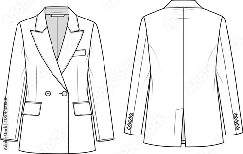 Women double breasted blazer technical sketch, front and back view, formal fashion outerwear apparel template, garment design, cad drawing flat vector