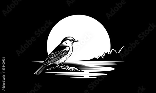 Monochromatic artwork featuring a tranquil bird in a peaceful pose with intricate details.