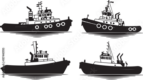 Four Black Silhouettes of Tugboats on White Background ship vessel