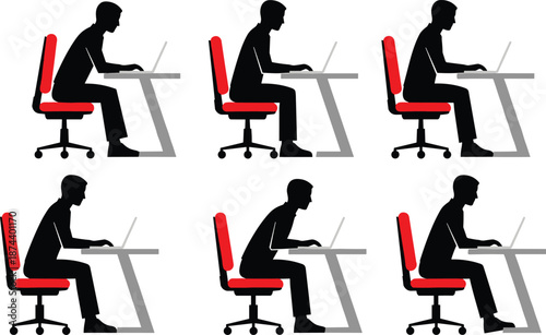 Office ergonomics sitting posture silhouette set showing man working on laptop at desk with correct and incorrect positions isolated