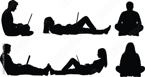 People using laptop silhouette set featuring men and women sitting cross legged and lying relaxed positions isolated on white background remote work concept
