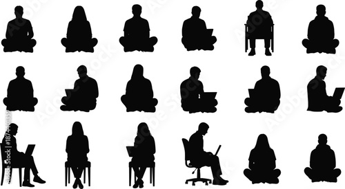 People using laptop silhouette mega set featuring men and women sitting cross legged, chairs and office positions isolated on white background work concept