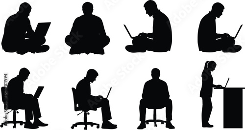 People using laptop silhouette set showing men and women sitting cross legged, office chair, and standing desk isolated on white background work concept