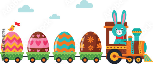 Cute Easter train with bunny and decorated eggs colorful cartoon illustration isolated on white background vector