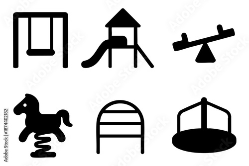 Playground and kids park silhouette icon set in minimal black and white outline style
