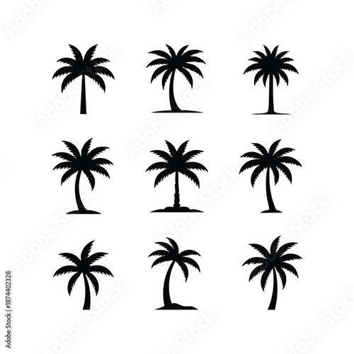 Collection of stylized palm tree silhouettes offering diverse representations of tropical flora for design elements and vacation themes