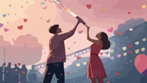 Couple celebrating love with champagne in romantic festive scene