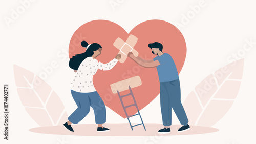 Couple repairing heart with band aid together in love