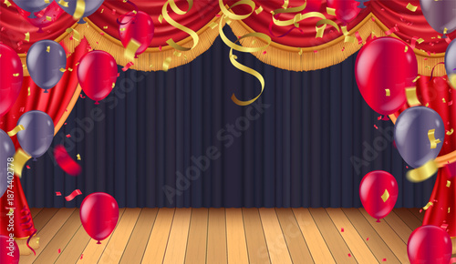Festive stage background red blue balloons confetti streamers theater curtains Ideal for grand opening awards party banners