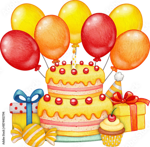 Watercolor hand drawn colorful birthday cake