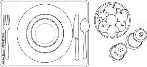 A minimalist line drawing captures a meticulously set table, composed of a plate setting and a bowl of fruits, with salt and pepper shakers.