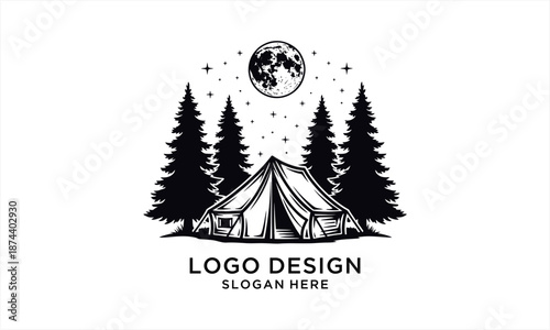 Camping adventure under a full moon with majestic pine trees at night.