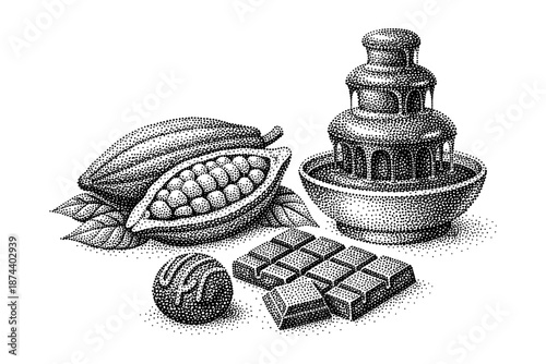 Detailed stipple art of cacao pod, chocolate fountain, truffle, and bar