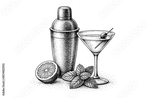 Classic cocktail composition with martini glass, cocktail shaker, and citrus garnish in vintage stipple style