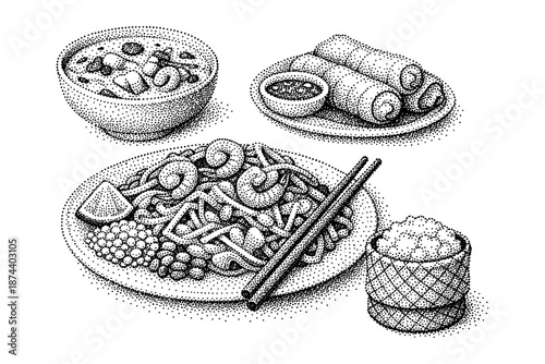 Delicious dotwork asian cuisine: noodles, spring rolls, rice, and soup