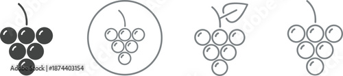 Professional grape fruit icon set featuring minimalist outline and solid bunches in various grey and circular frame designs.