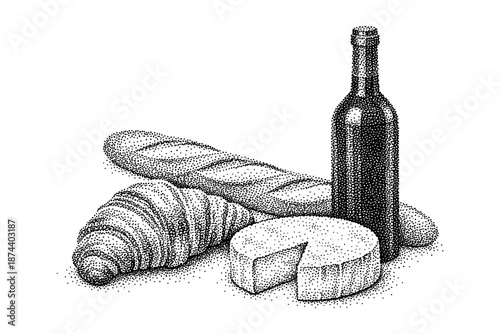 Stipple style french baguette, cheese, wine, and croissant still life art