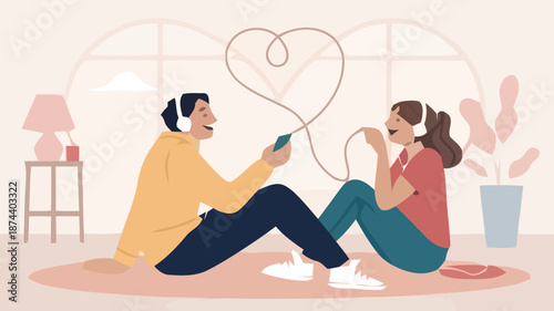 Couple sharing romantic moment with headphones and phones