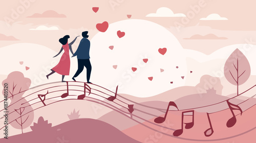 Romantic couple dancing on musical notes bridge with hearts