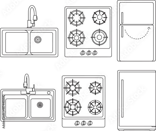 Detailed line art of essential kitchen elements arranged in a concise, clean layout. This image presents various kitchen fixtures for architectural and design contexts.