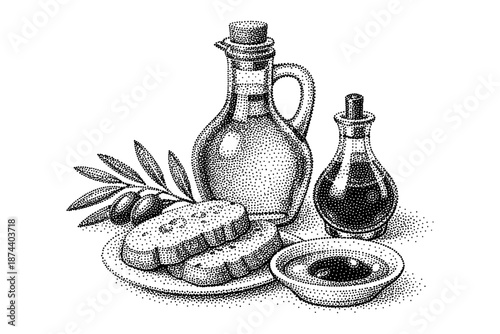 Handcrafted oil and vinegar dot art with bread and olive branch