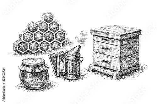 Detailed dot art: beekeeping essentials with hive, smoker, honeycomb, and honey jar