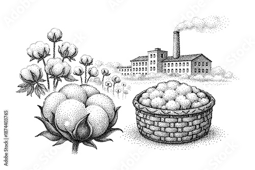 Vintage industrial concept with cotton plant and factory in dotwork style