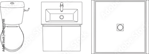 A clean, minimalist design presents bathroom elements: toilet, sink, and shower in a top view. 