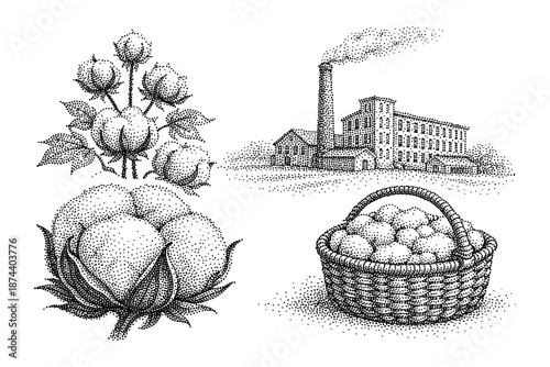 Retro ink art of cotton plant, basket, and industrial factory in dotted style
