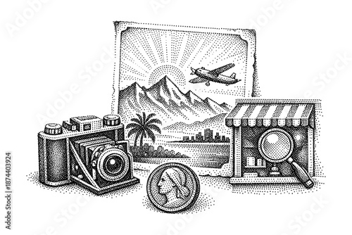 Vintage travel adventure: retro camera, scenic landscape, and exploration icons
