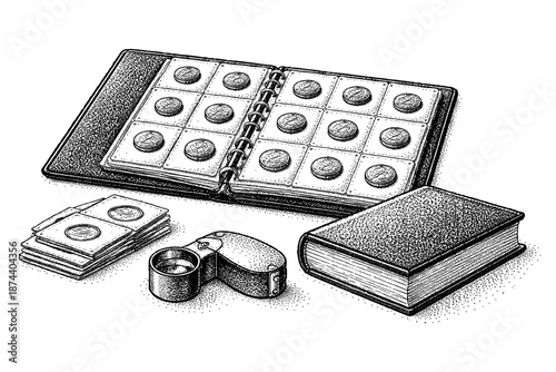 Vintage coin collection with magnifier in detailed ink style