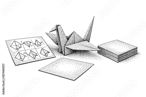 Halftone origami art with crane, paper, and folding instructions