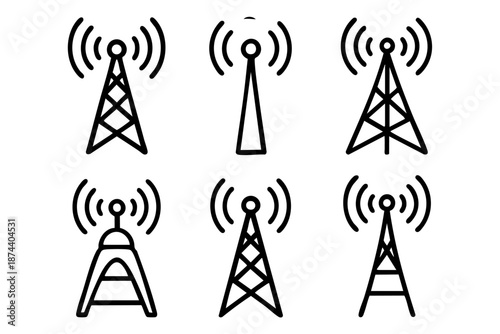 Radio tower and wireless signal silhouette icon set in black and white outline style