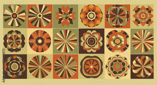 Mid-century geometric floral motifs arranged in a grid pattern with warm earth tones