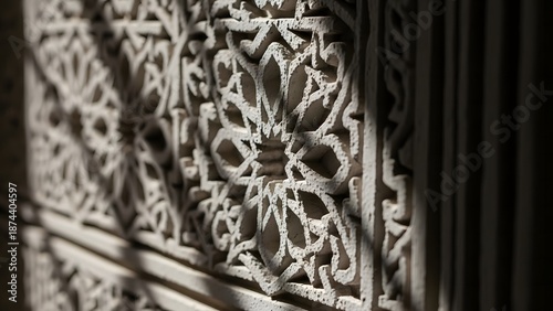 Intricate geometric carved stone pattern displaying traditional islamic arabesque art decoration