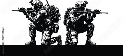 Two Tactical Military Soldiers Kneeling Back to Back with Assault Rifles Vector Illustration Professional Special Forces Combat Graphic Design for T-Shirt Print and Branding