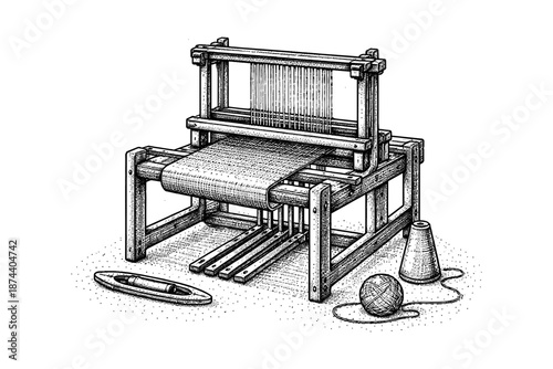 Detailed vintage weaving loom with yarn and shuttle