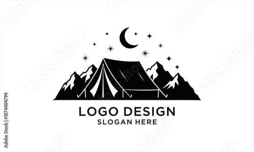 Camping tent in mountains under moon and stars, adventure outdoor logo design.