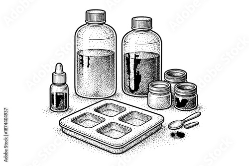 Hand drawn dot style aromatherapy bottles and soap molds for skincare